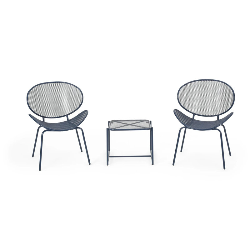  Outdoor Chat Set 3 Piece Metal Conversation Seating Mesh Design Iron Chairs, Navy Blue, Navy