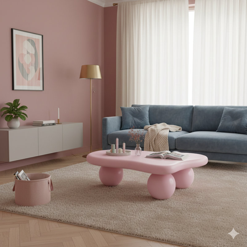 40 Inch Cloud-Shaped Coffee Table, Low Coffee Table With Three Ball Legs For Living Rooms, Pink