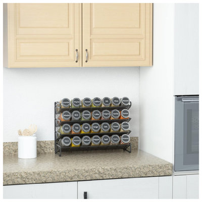 Étagère à épices avec 28 pots à épices, 386 étiquettes, marqueur à craie et entonnoir pour armoire, comptoir, garde-manger, armoire ou porte et fixation murale - 28 pots, l 13,4 po x H 10,8 po, noir