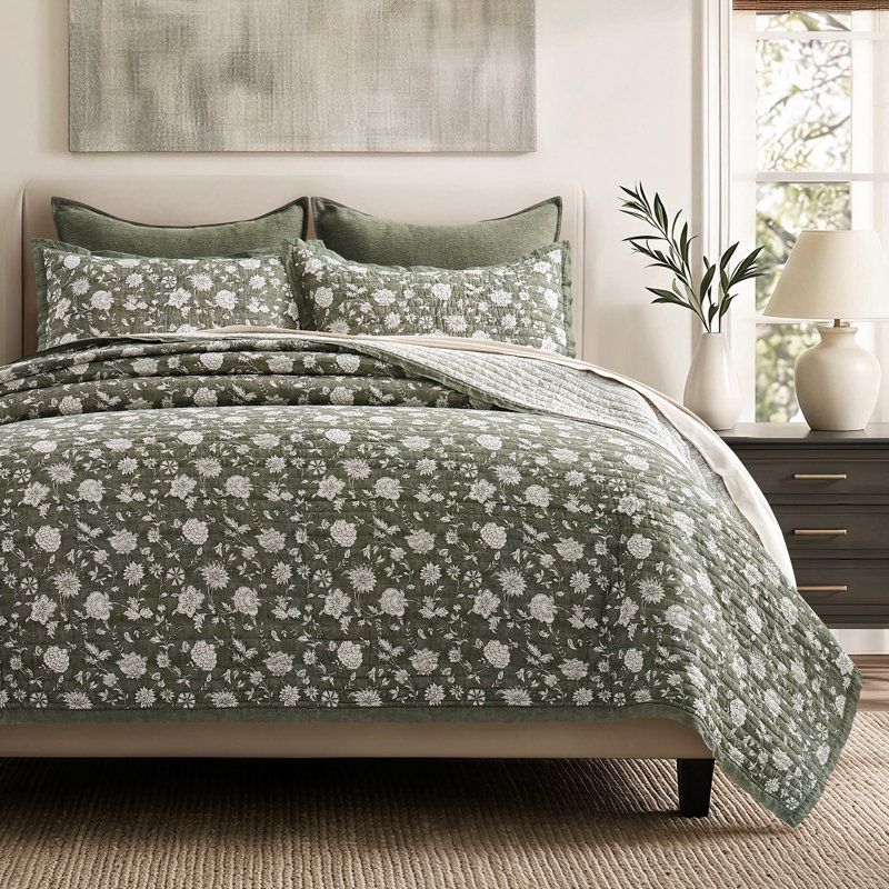 Ensemble de courtepointe réversible 100% coton, couvre-lit léger avec taies d'oreiller certifiées OEKO-TEX, literie de ferme botanique intemporelle pour toutes les saisons