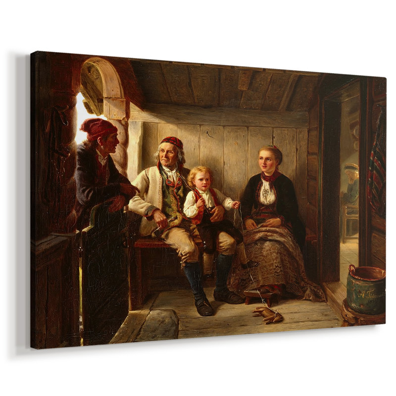 Intérieur d'une cabane norvégienne / Souvenirs de grand-père - Adolph Tidègre - Toile tendue avec châssis - 1855, 32 x 48