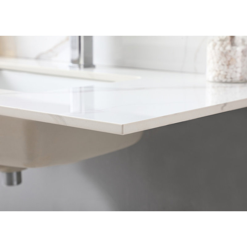 Plateau de meuble-lavabo en pierre frittée haute 43 x 22 avec lavabo rectangulaire en céramique et finition soignée