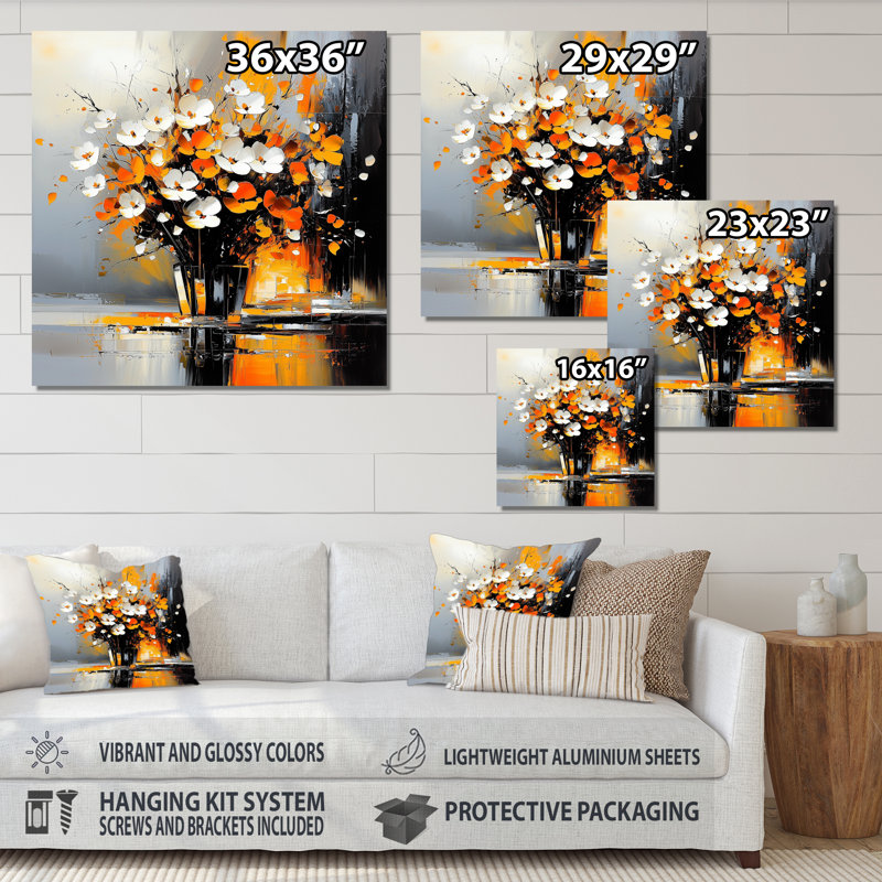 Bouquet de coquelicots orange et gris II - coquelicots, décoration murale en métal, H 29 po x l 29 po