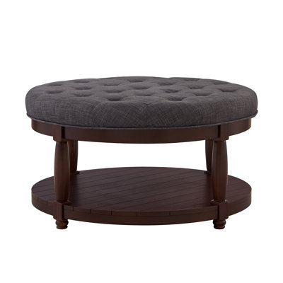 Large Round Upholstered Tufted Linen Ottoman Coffee Table, Large Footrest Ottoman with Wood Shelf Storage- Dark Gray