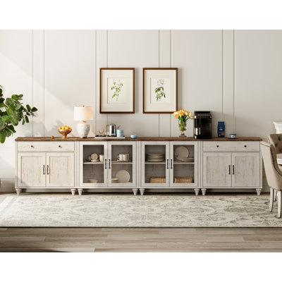 Charlton HomeSideboard Cabinet With 2 Drawers, 4 Glass Doors And 4 Wood Doors, Vintage Wood Grain Design, Buffet Cabinet With Storage, Coffee Bar Fo by Charlton Home