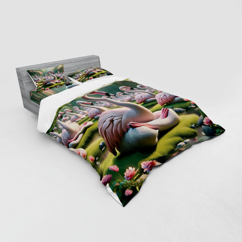 Ensemble de literie Ambesonne Flamingo rose doux et vert lime, Housse de couette grand + 3 pièces supplémentair