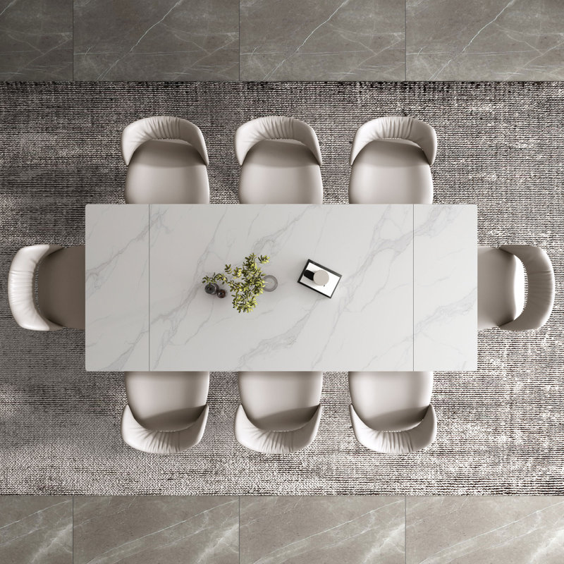 Ensemble de salle à manger 9 pièces à rallonge moderne, table en marbre blanc 94,5 po avec 8 chaises rembourrées grises et pieds fuselés en métal