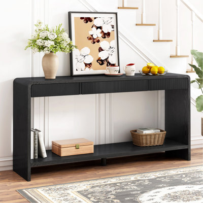 Console moderne à 3 tiroirs avec lattes verticales, conception à bords arrondis, parfaite pour le vestibule, le couloir ou derrière le canapé