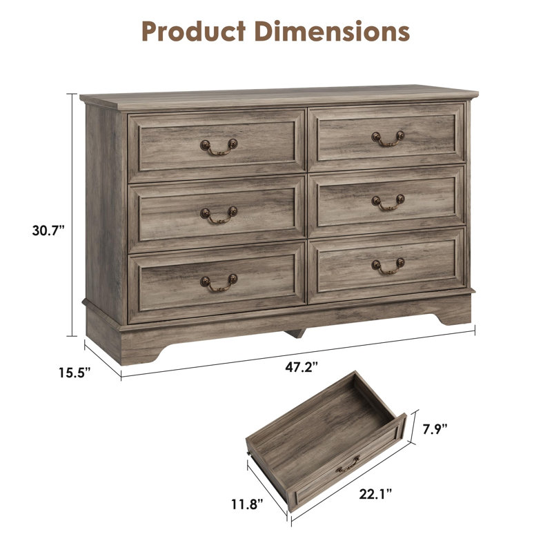 Commode 6 tiroirs avec commode double 47 po de largeur pour rangement dans le salon