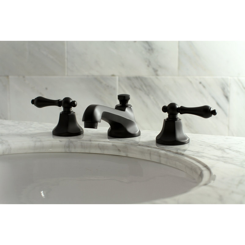 Kingston Brass Metropolitan Two-Handle 3-Hole Deck Mount Widespread Bathroom Faucet with Brass Pop-Up Drain, Matte Black