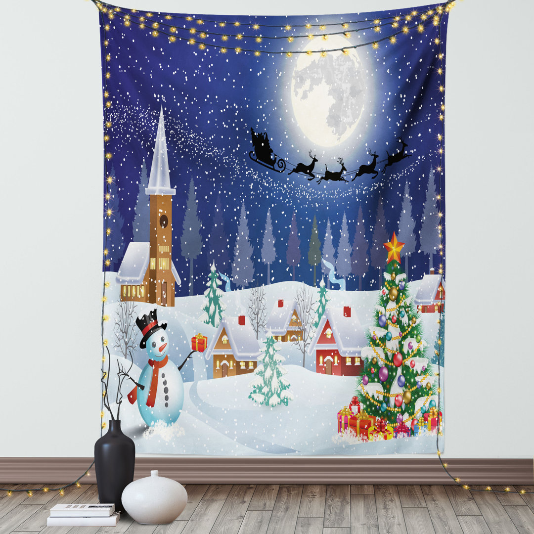 Wandbehang Winter Saison Schneemann Weihnachtsbaum Weihnachtsmann Schlitten Mond Geschenkboxen Schnee und Sterne