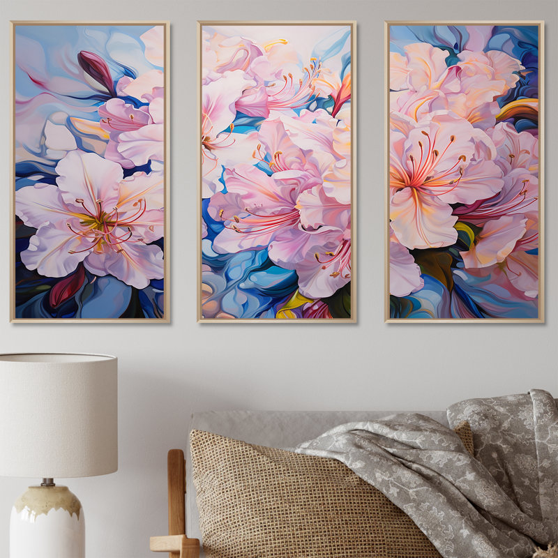 Ensemble de salon art mural rhododendron rose, H 28 po x l 36 po x P 1 po, Cadre naturel flottant