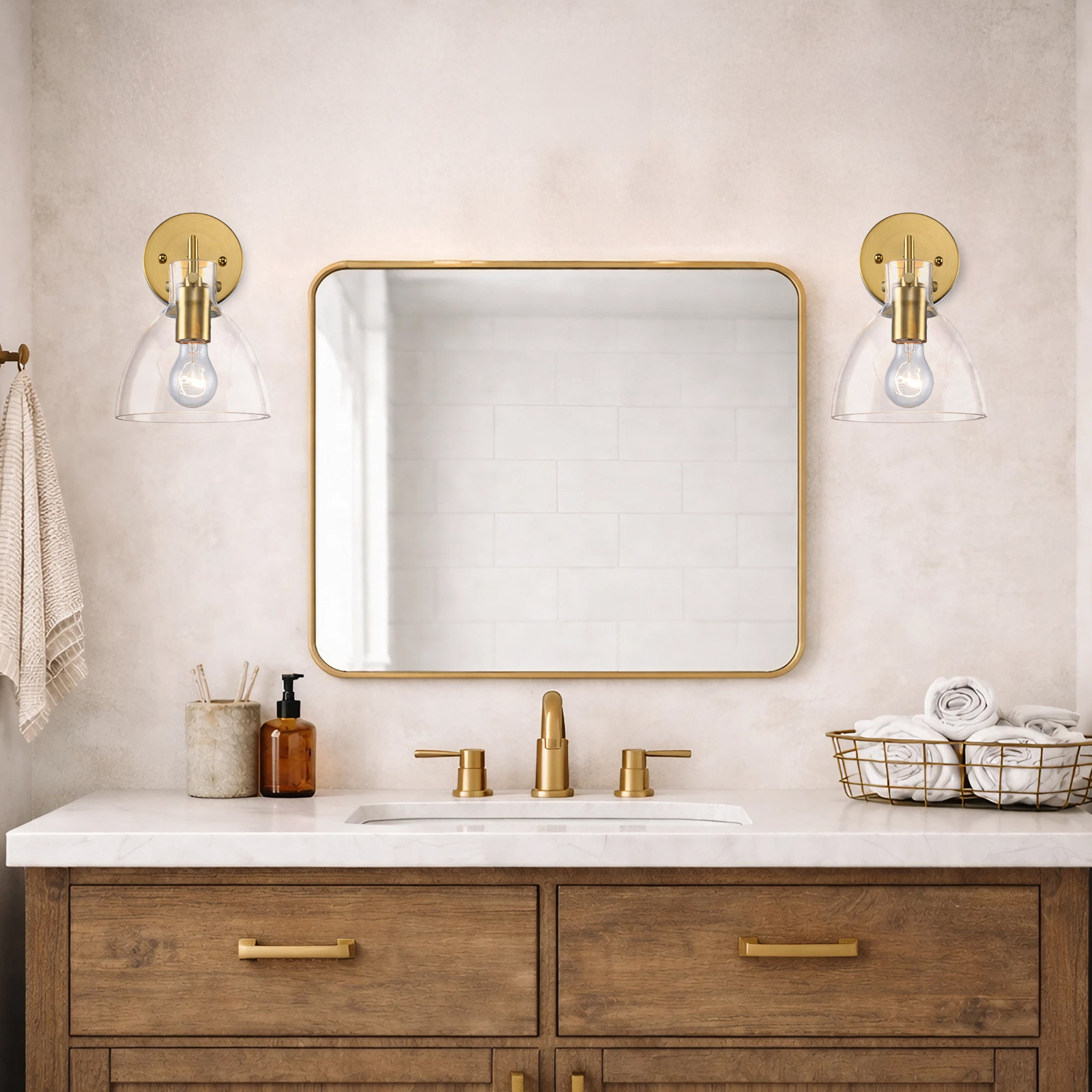Martins Single Light Glass Dimmable Armed Sconce, Antique Gold