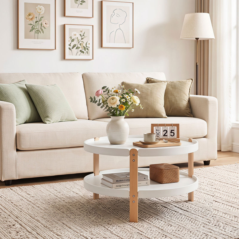 23.5" 2-Tier Round Coffee Table with Storage, Solid Wood Legs & Open Storage Shelf White, White