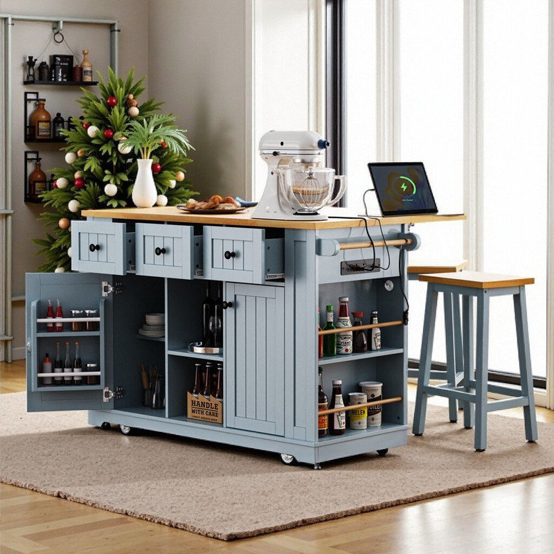 Chariot mobile pour îlot de cuisine avec abattant, prise électrique, supports, Gris + bleu