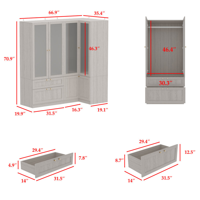 Modern Corner Wardrobe With Glass Doors, Ample Storage, And Gold Hardware - Three-Pack Shipping