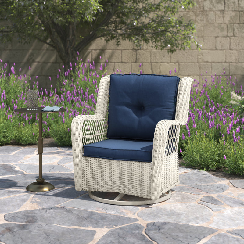 Rio Vista Swivel Premium All-Weather Wicker Outdoor Lounge Chair, White, Navy Blue