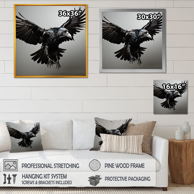 Gris et noir Raven en vol II - art mural animal corbeau, Cadre simple noir, H 36 po x l 36 po x P 1,5 po