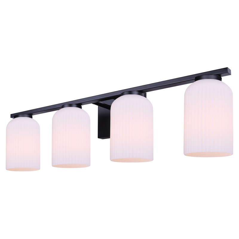Luminaire de meuble-lavabo 4 l Bruner, finition noir mat avec verre opale nervuré, 60 W type A, H 8,25 po x l 29 po x P 7 po