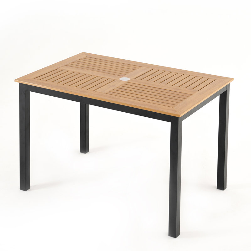The Rectangular Aluminium Waterproof Patio Outdoor Dining Table with Umbrella Hole(Include lid), Black/Wood