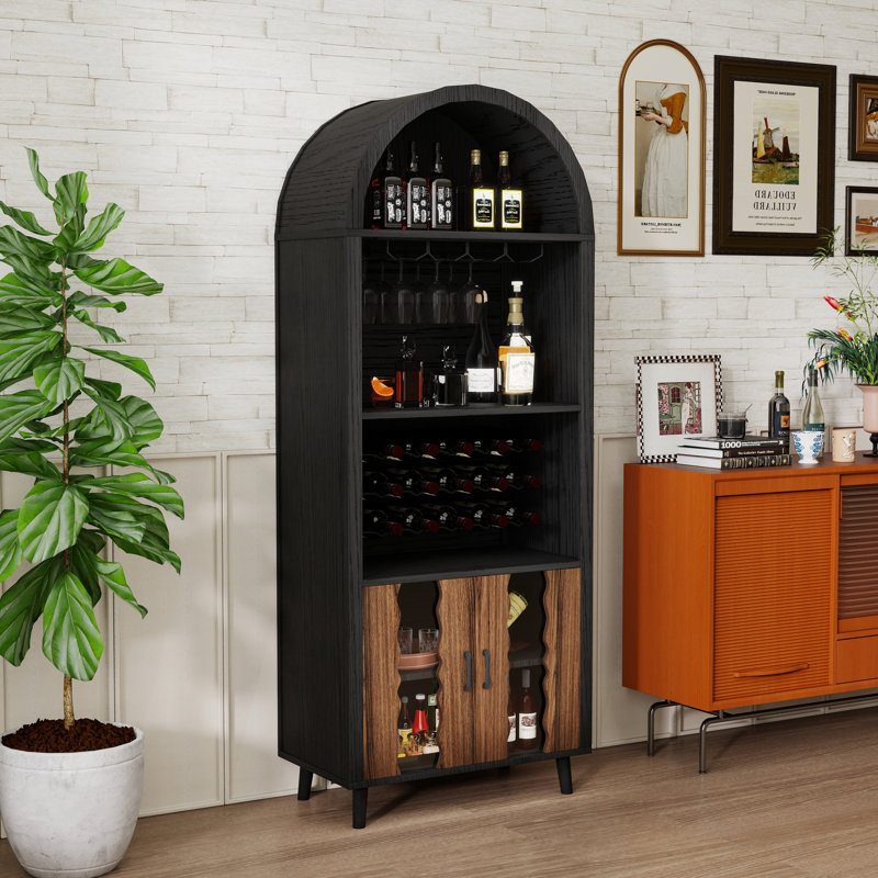 71" Tall Arched Display Bar Cabinet, Black/Natural