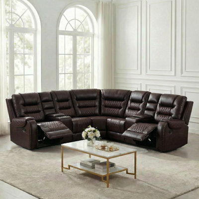 Faux Leather 5-Seater Reclining Sectional Sofa With Dual Storage Consoles, Stainless Steel Cup Holders