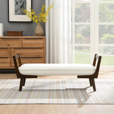 Banc de 52 pouces avec pieds en bois de noyer, revêtement en polyuréthane doux, design Mid-Century pour espace de vie principal