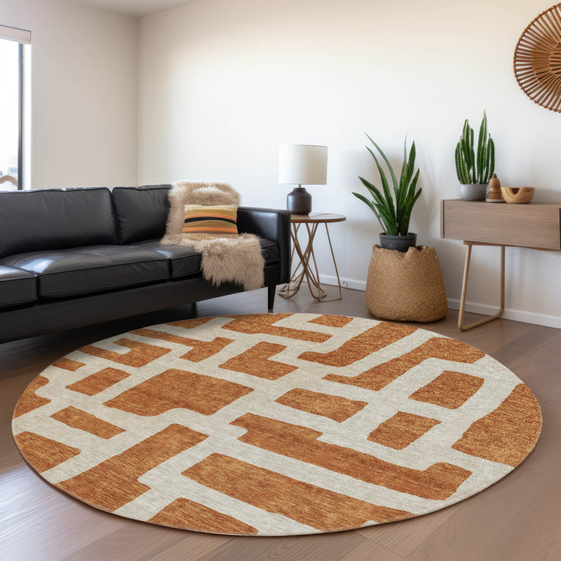 Premium Machine Washable Prisco Terracotta Rug, Round 8'