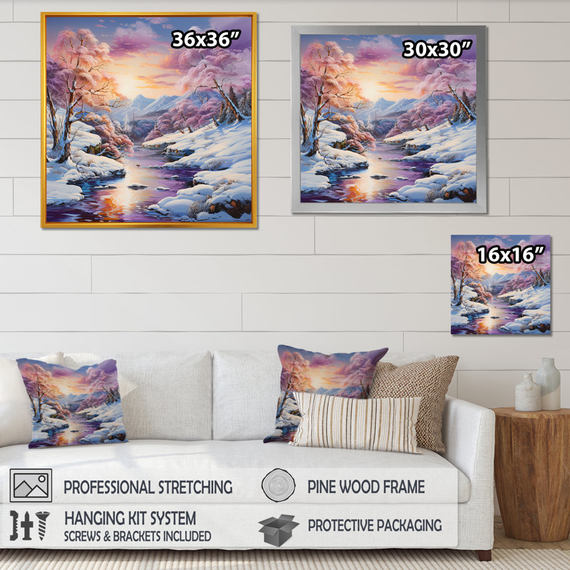 «Winter River Sunset and Snow Charm», reproduction sur toile, Cadre flottant doré, H 36 po x l 36 po