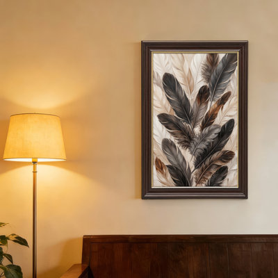 Art mural antique sur toile encadré doré pour le salon, la chambre à coucher, le bureau ou le vestibule - Décoration murale décorative avec motif de plumes