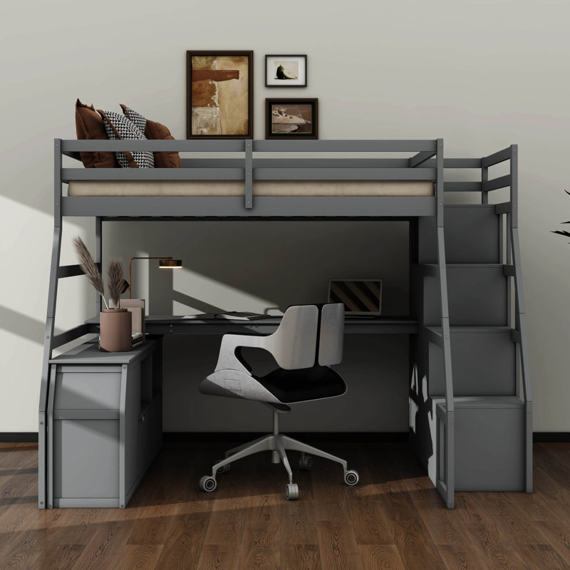 Full-Size Raised Bed Featuring 7 Drawers, 2 Display Shelves, And A Work Desk, Gray, Full