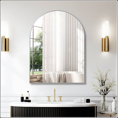 Miroir de salle de bain arqué en métal pour mur, verre de haute qualité avec film incassable et installation facile