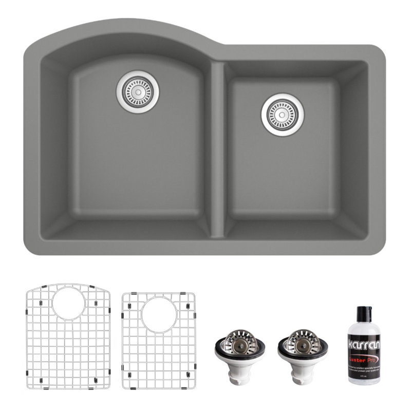Ensemble d'évier de cuisine à double cuve 60/40 Karran Quartz 32 "X 21", Gris
