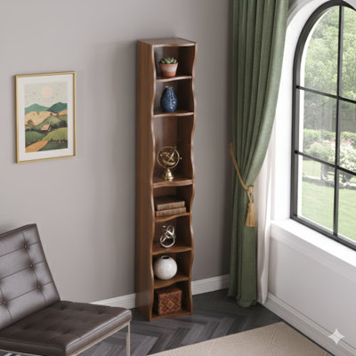 Eight-Layer Adjustable Shelf Ultra-Slim Bookshelf With Decorative Wavy Edge Design, Enhanced Aesthetics, Suitable For Tall And Narrow Spaces, Display And Multi-Functional Use In Home Offices