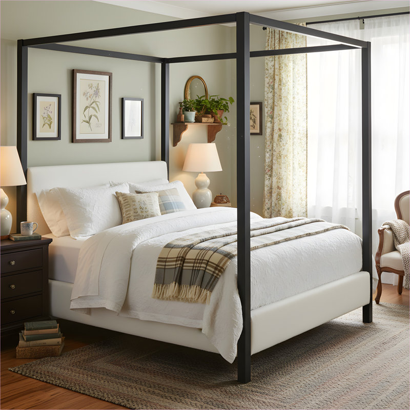 Grand lit à baldaquin de luxe avec cadre en métal noir de jais et revêtement capitonné blanc moelleux pour les chambres à coucher modernes