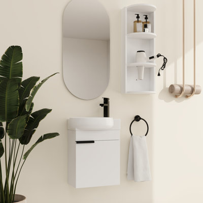 Ensemble de meuble-lavabo simple 16 po avec plateau en céramique Khyla, meuble-lavabo simple mural 16 po avec lavabo en céramique et support de rangement 12 po