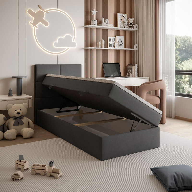 Upholstered Bed with Mattress, 90cm W x 200cm L, in Grey