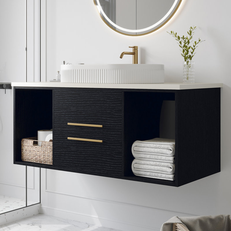 Meuble-lavabo de 40 po avec lavabo ovale en céramique, comptoir en bois massif multicouche, facile à installer, pour évier flottant 40 po, armoire, tiroirs à fermeture en douceur, appartements urbains