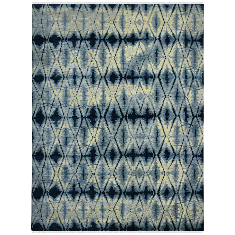 Tapis bleu saphir en laine / viscose noué à la main Hermitage Dessavie, Rectangle 9 pi x 12 pi