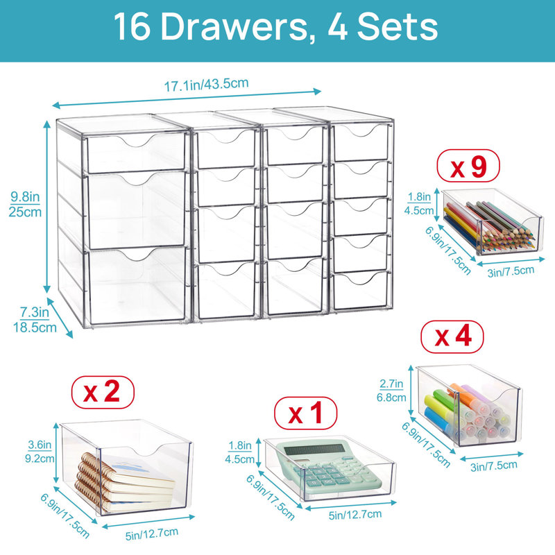 Organisateur en acrylique avec 16 tiroirs (4 ensembles), tiroirs de rangement transparents pour fournitures de bureau, rangement et rangement pour le maquillage, les bijoux et l'artisanat