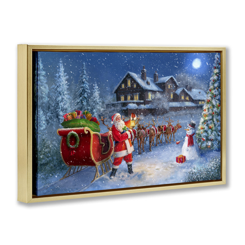 «Santa Snowy Night View» par Grateful Licensing, Cadre flottant métallique doré, H 17 po x l 25 po