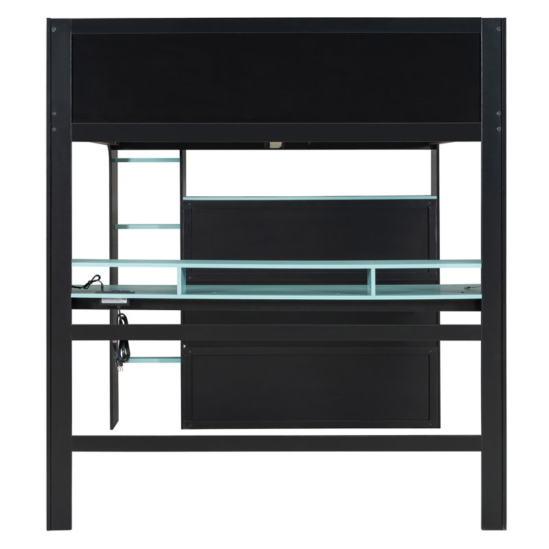 Lit mezzanine double en bois pour enfants avec bureau à hauteur réglable, armoire, tiroirs de rangement et DEL RVB pour enfants