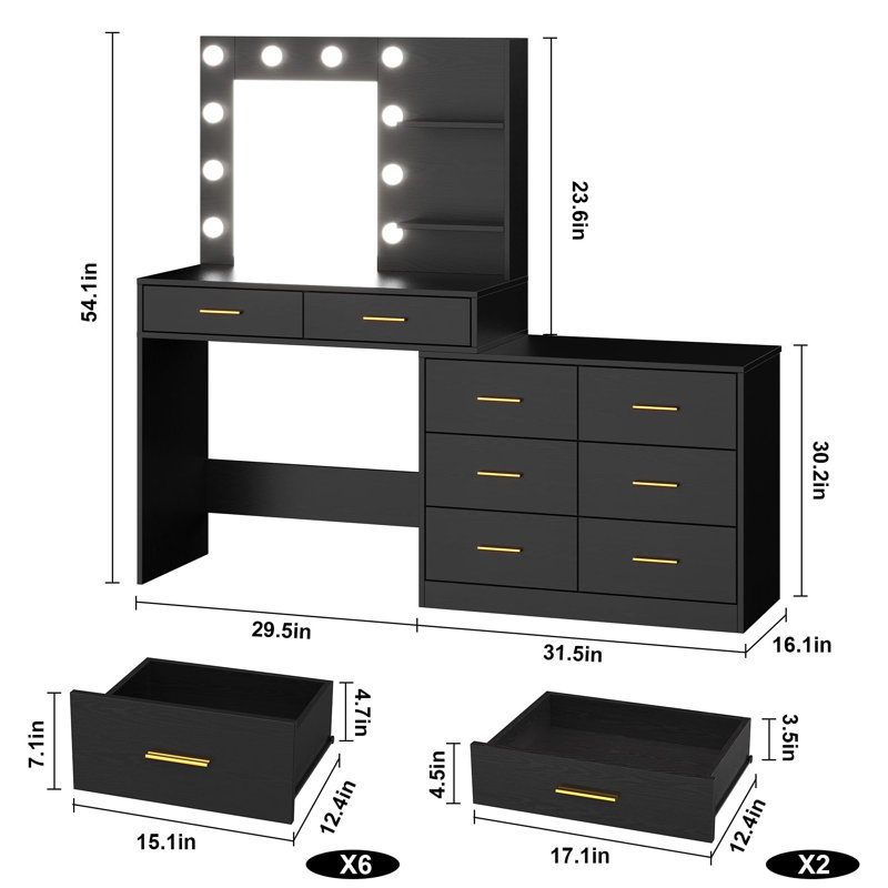 Meuble-lavabo moderne avec grand miroir DEL - 8 tiroirs spacieux, 2 tablettes ouvertes, éclairage réglable, grand rangement pour la chambre à coucher, noir