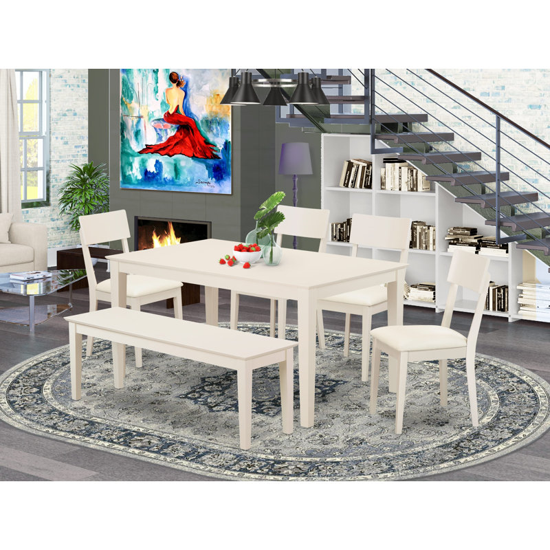 L'ensemble de table de salle à manger 6 pièces contient une table de salle à manger rectangulaire et 4 chaises rembourrées en similicuir avec un banc, 36 x 60 pouces, lin blanc