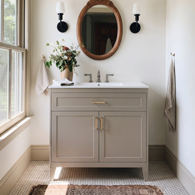 Meuble-lavabo moderne Yelton de 76 cm de large en bois avec lavabo en céramique, rangement à fermeture douce et tablette réglable pour salle de bain