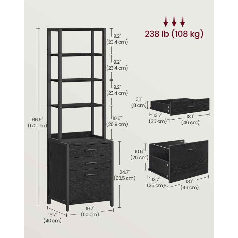 3-Drawer Filing Cabinet, File Cabinet For Home Office, With Height-Adjustable Open Shelves, For A4, Letter-Size Hanging File Folders, Steel Frame