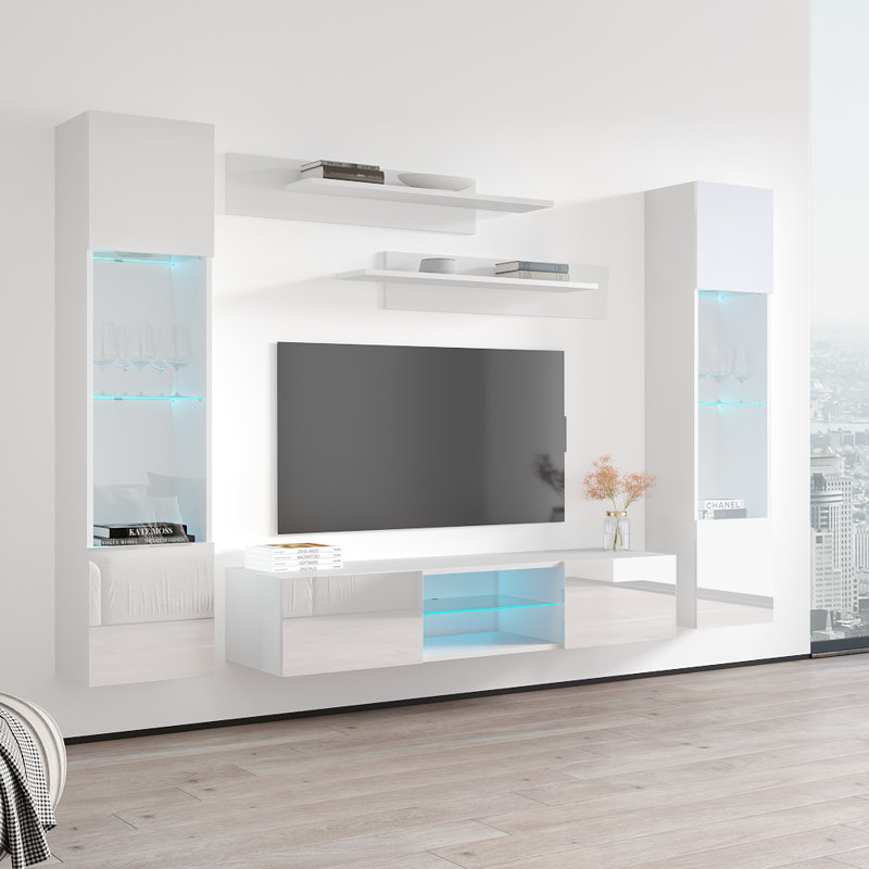 Entertainment 100" Modern Floating Wall Mounted Entertainment Center with 16-Color LED Lighting, High Gloss Finish, White