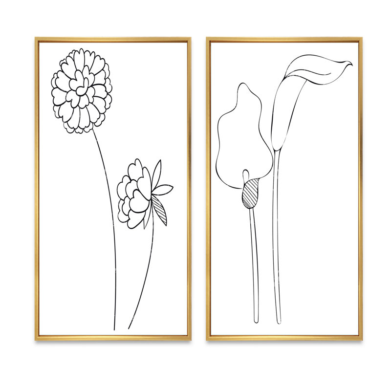 «Black and White Line Flowers I», ensemble de 2 impressions, H 32 po x l 32 po x P 1 po, Cadre doré