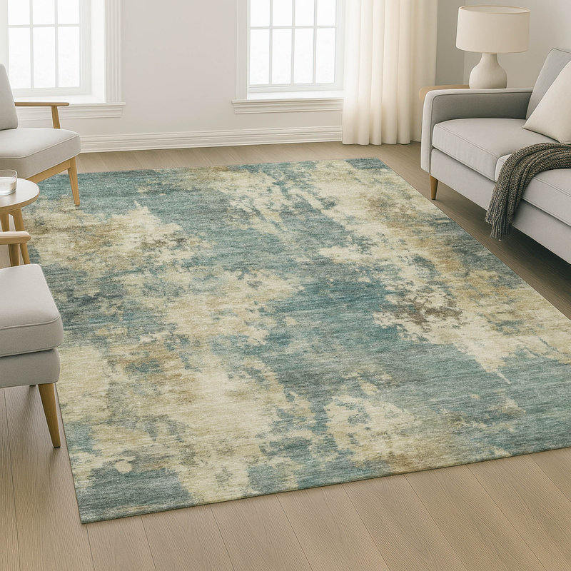 Premium Machine Washable Mayfield AMF2066 Abstract Rug, Teal, 8' x 10'
