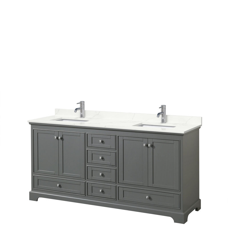 Ensemble de meuble-lavabo double autoportant 72 po avec plateau en quartz Deborah, Quartz Giotto, Gris foncé, Chrome poli